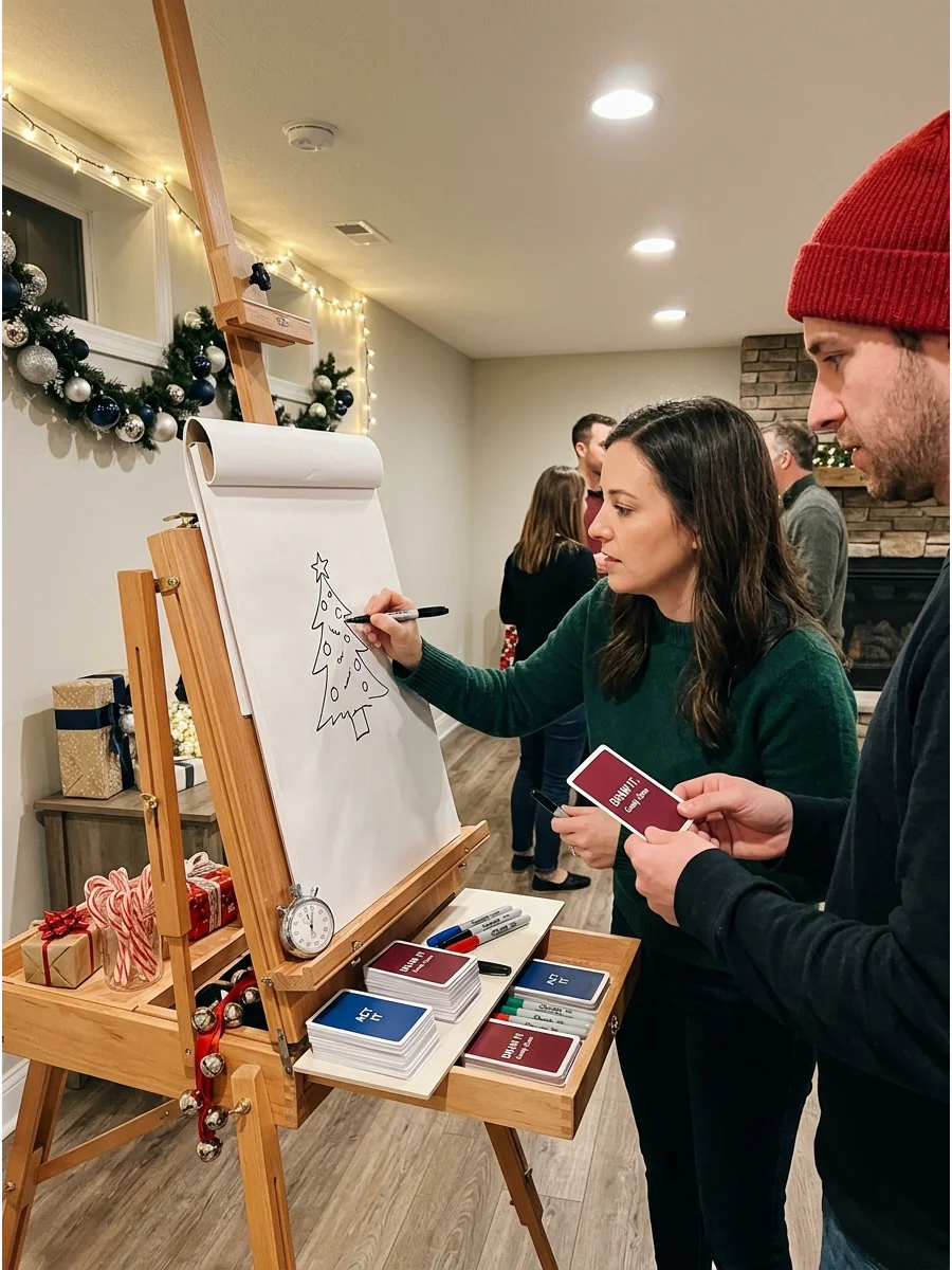 A game setup for acting and drawing holiday prompts in a basement.