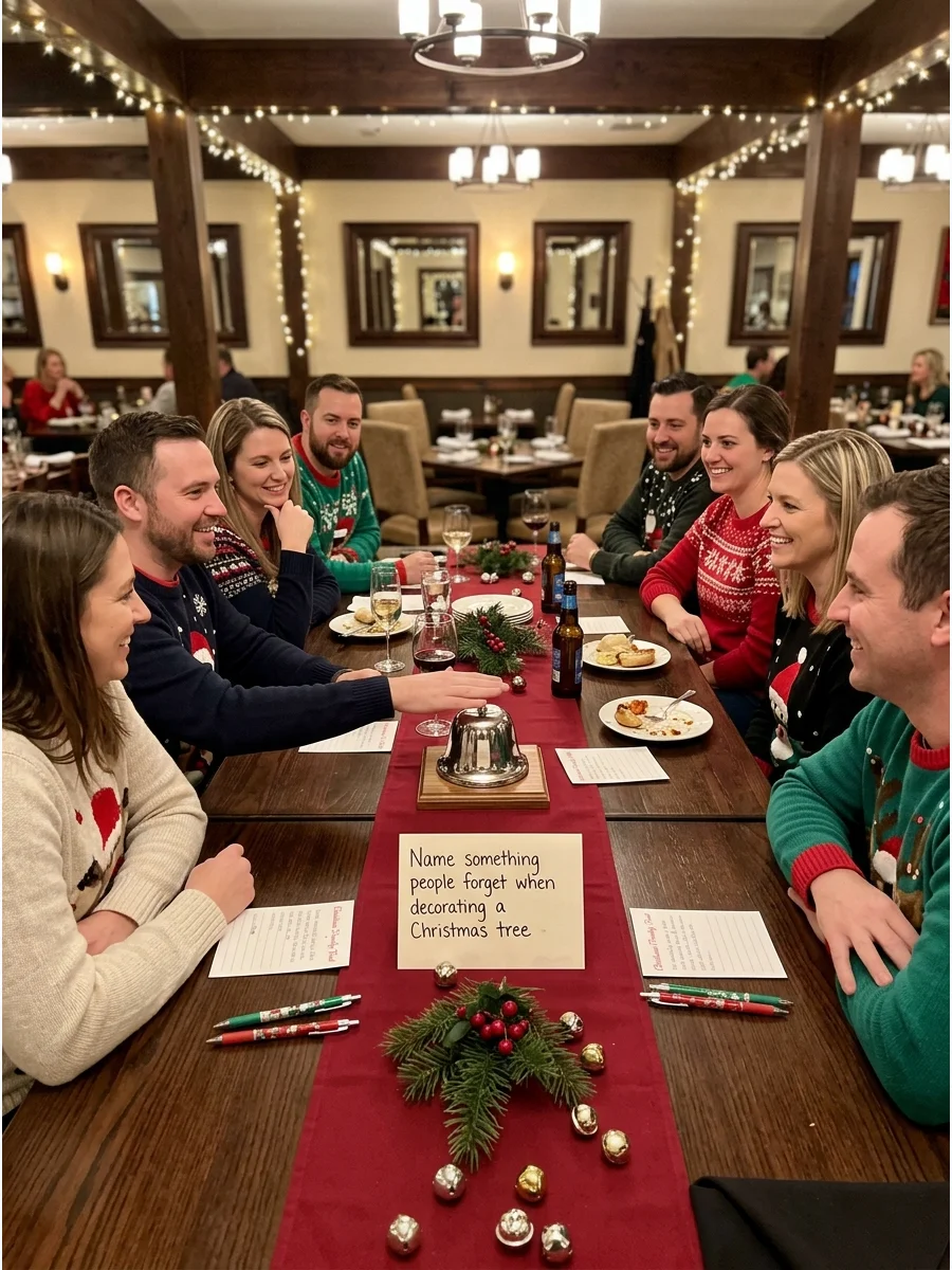 Two teams playing a holiday survey game at a restaurant table.