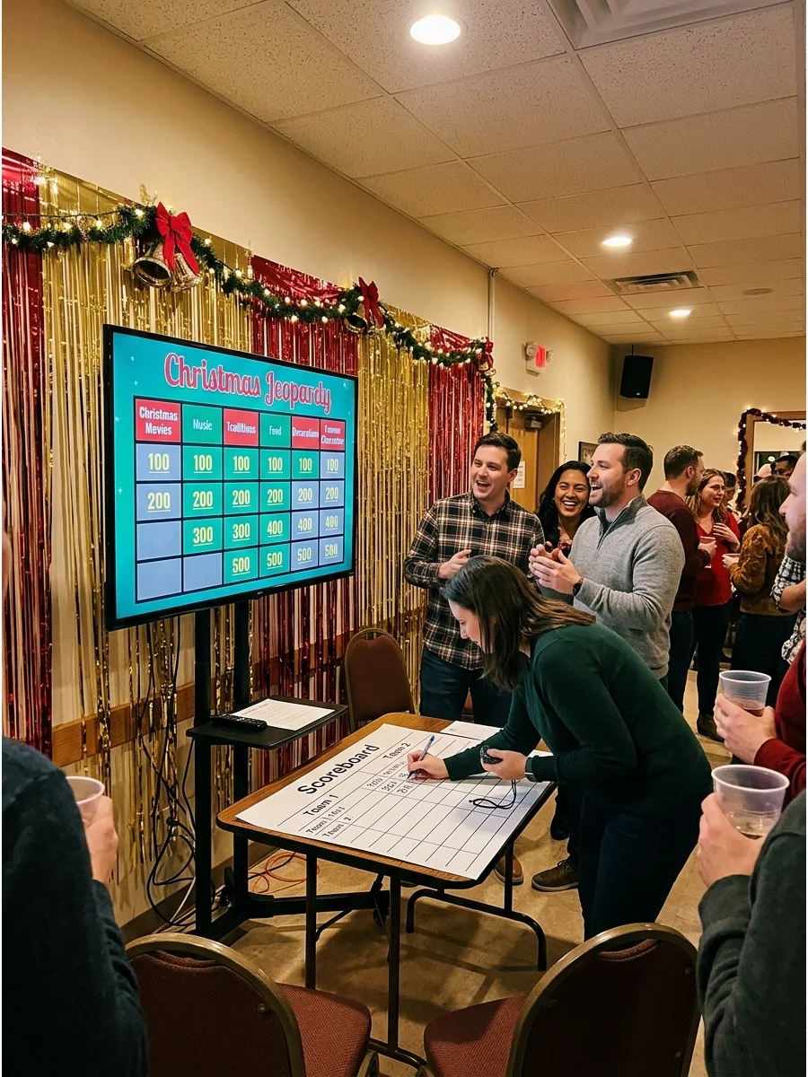 A holiday trivia board displayed on a screen in a large event hall.