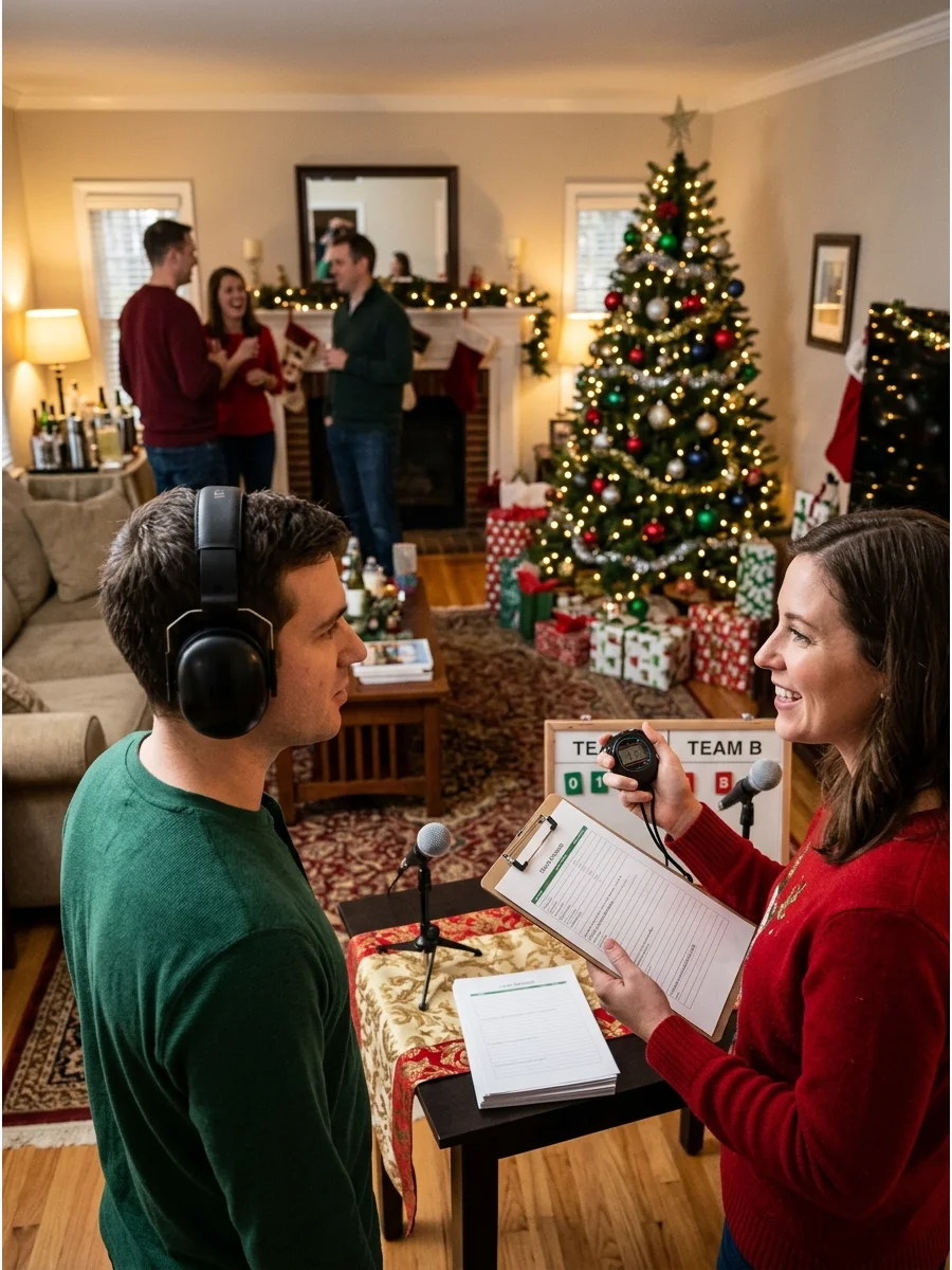A host timing a guest during a fast-paced holiday survey round.