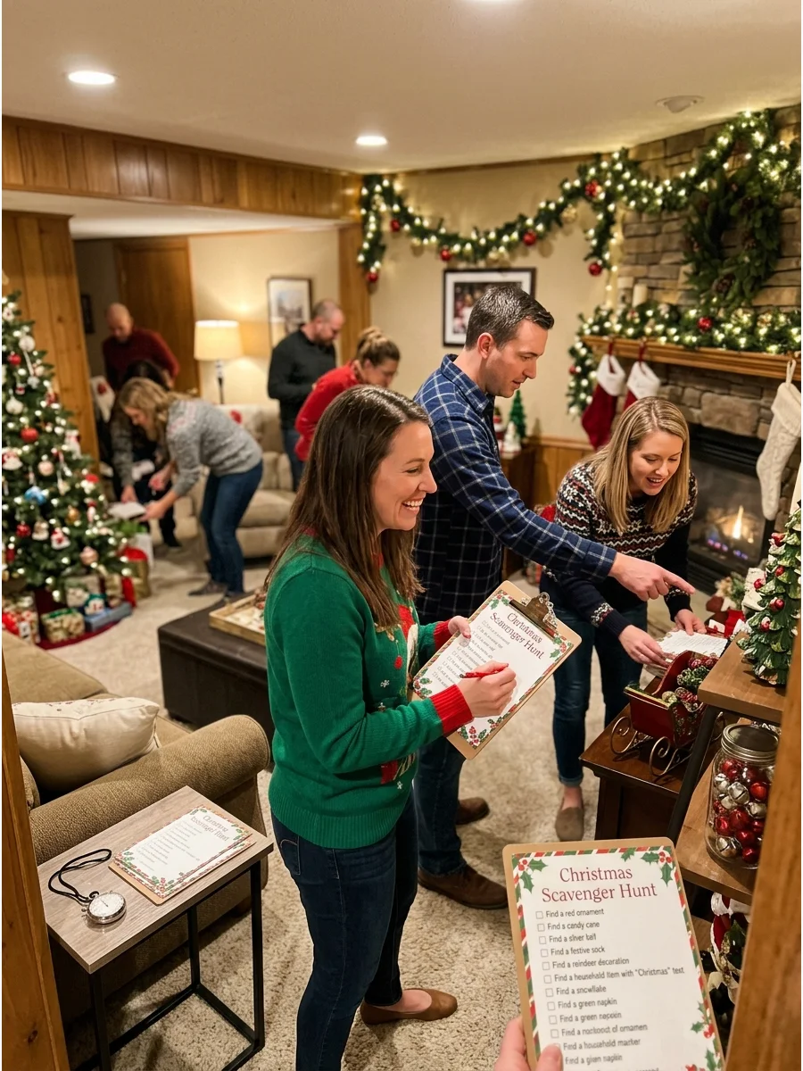 A team of adults looking for items on a Christmas scavenger hunt list.