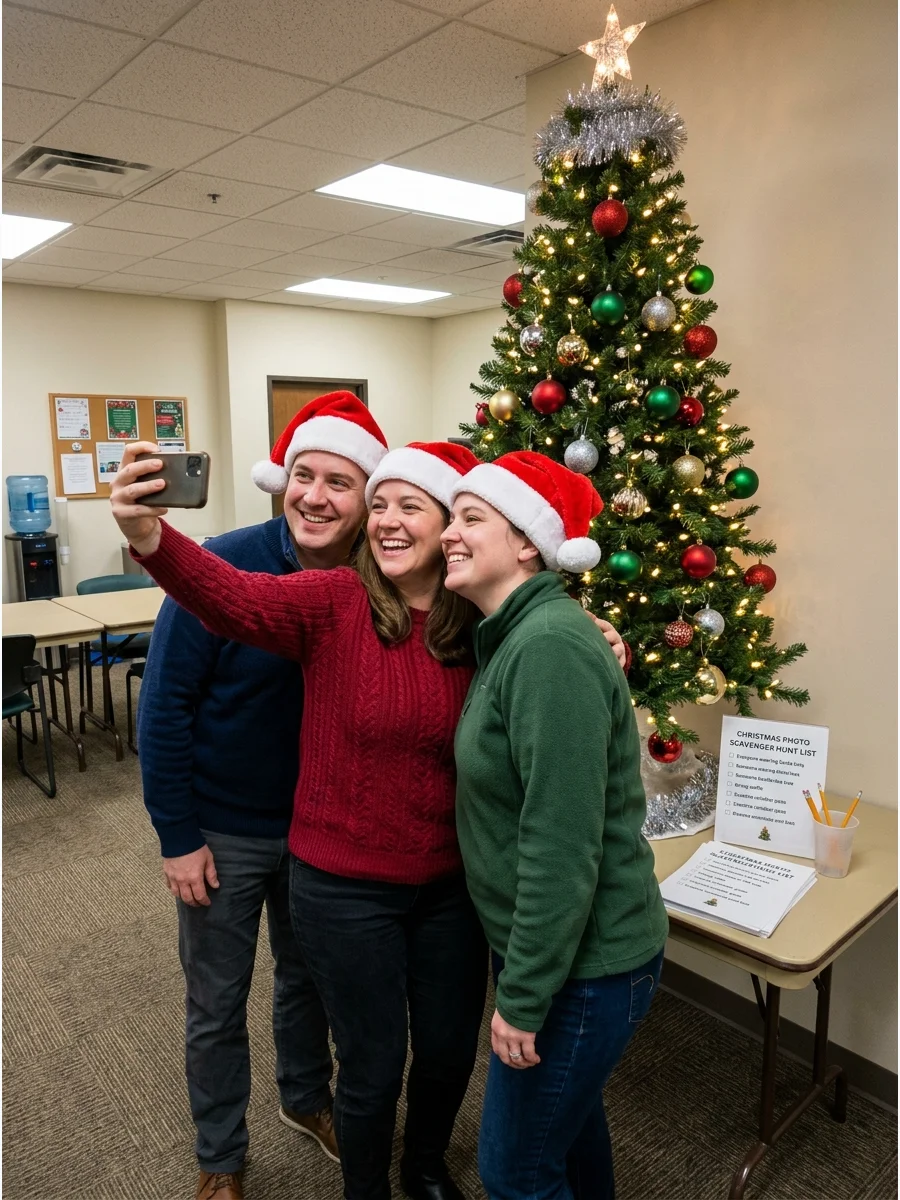 Coworkers taking a group selfie for a holiday photo scavenger hunt.