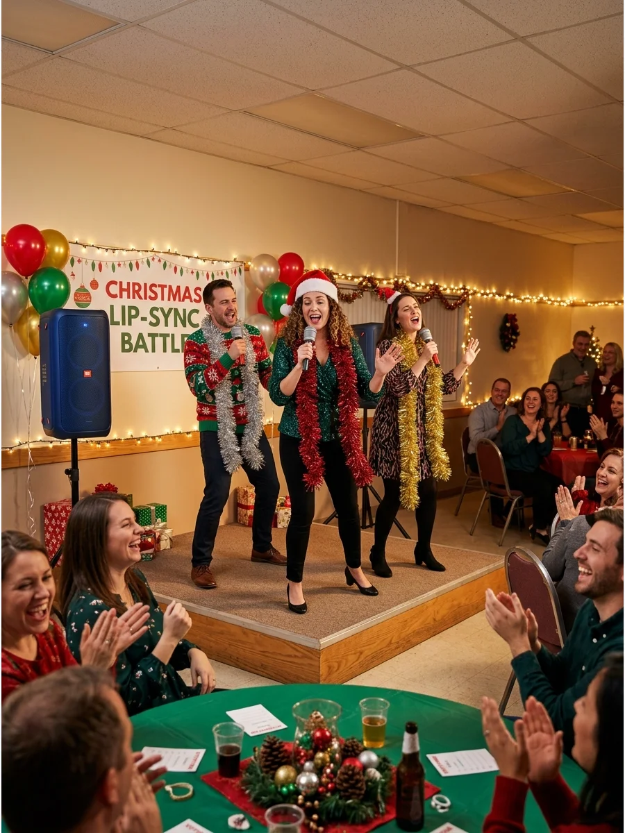 Adults performing a holiday lip-sync routine with festive props.