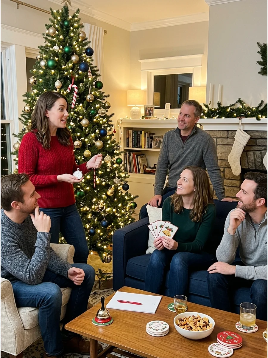 Person telling a holiday story to a group of seated adults.