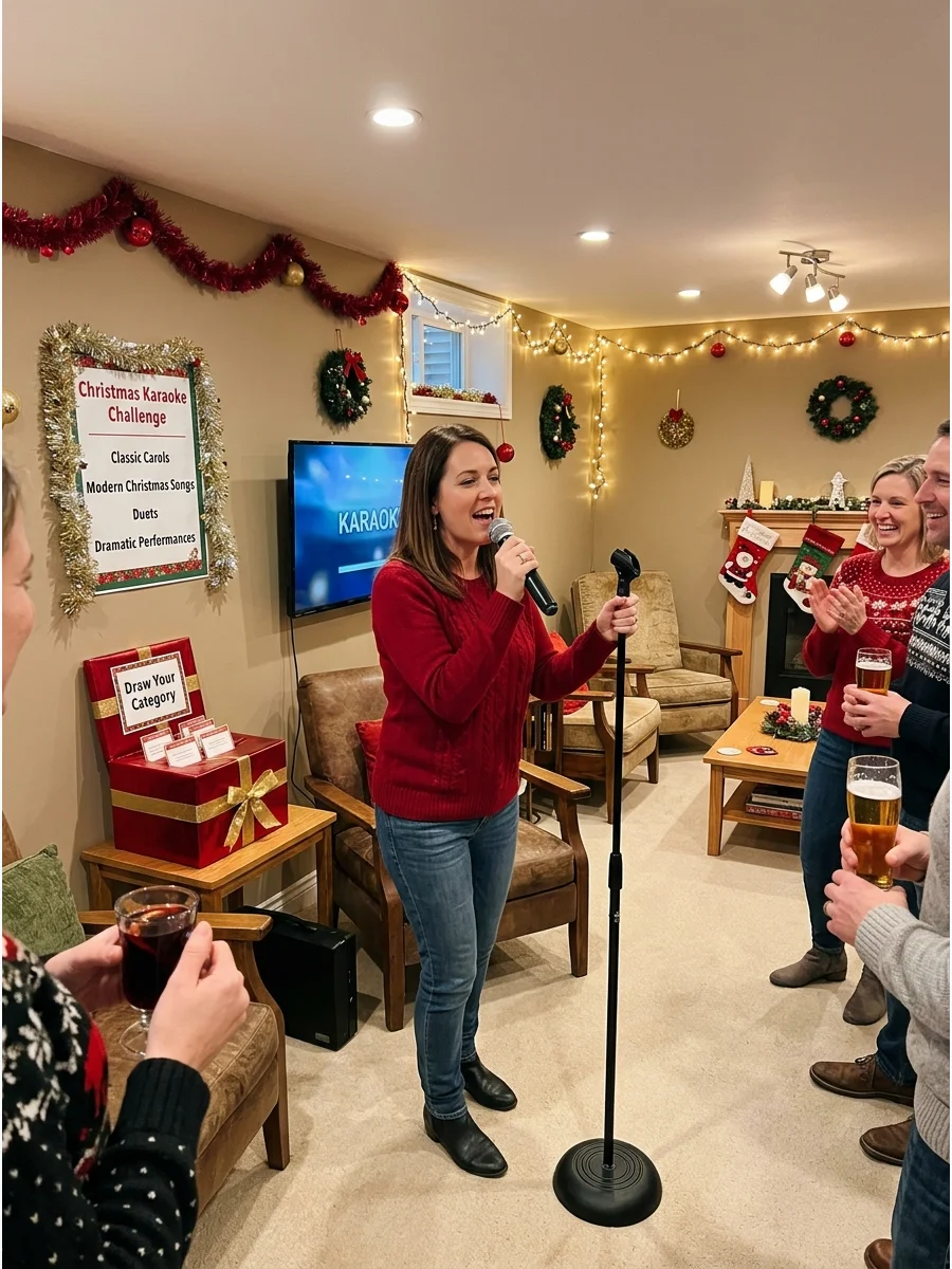 A person singing karaoke at a Christmas party in a decorated basement.
