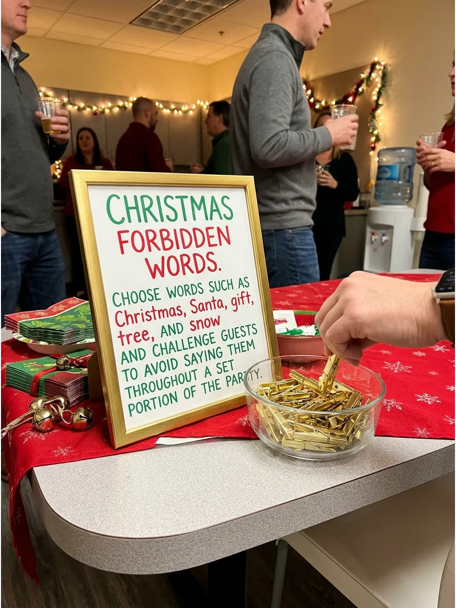 A sign listing forbidden Christmas words next to a bowl of gold clothespins.