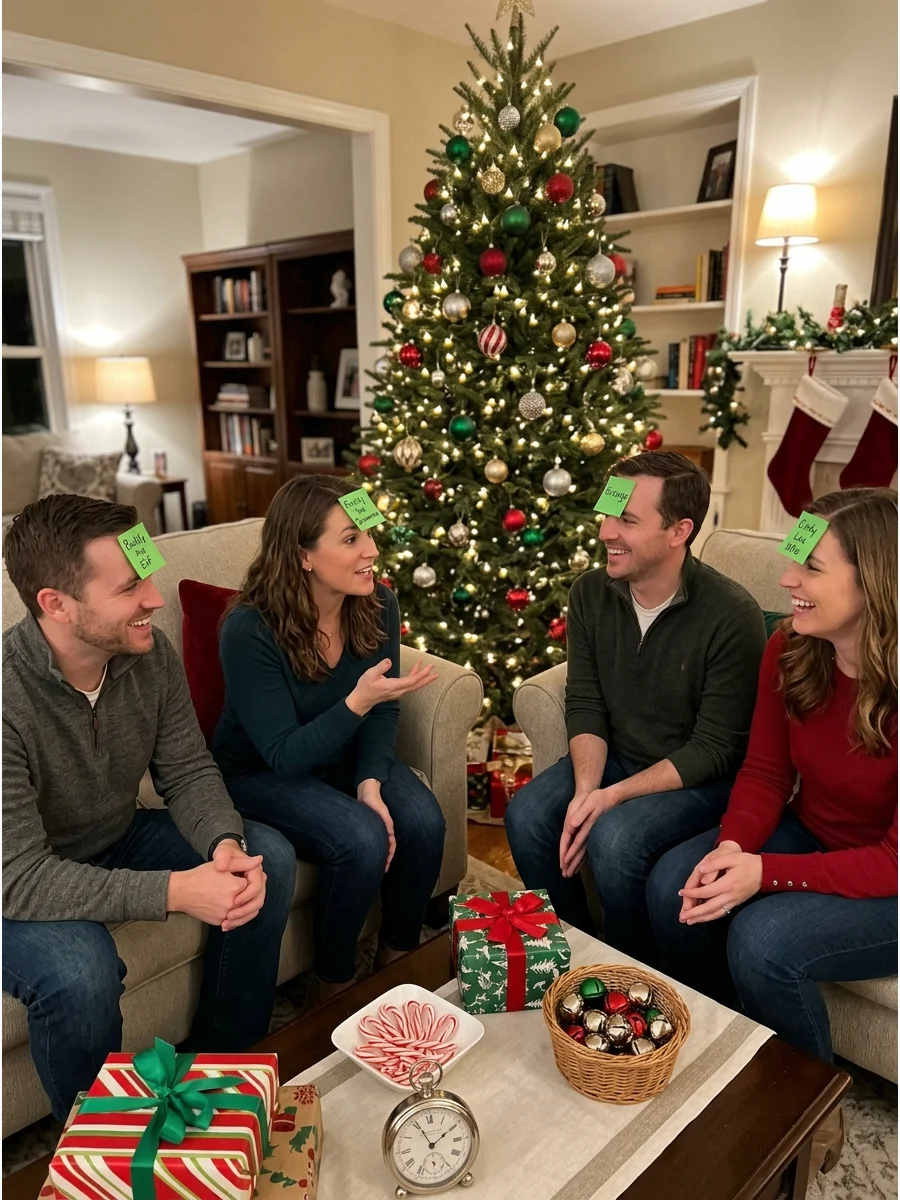 Adults playing a guessing game with sticky notes on their foreheads in a decorated living room.
