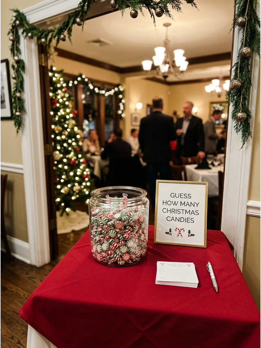 A glass jar full of Christmas candy on a restaurant table with guessing slips.