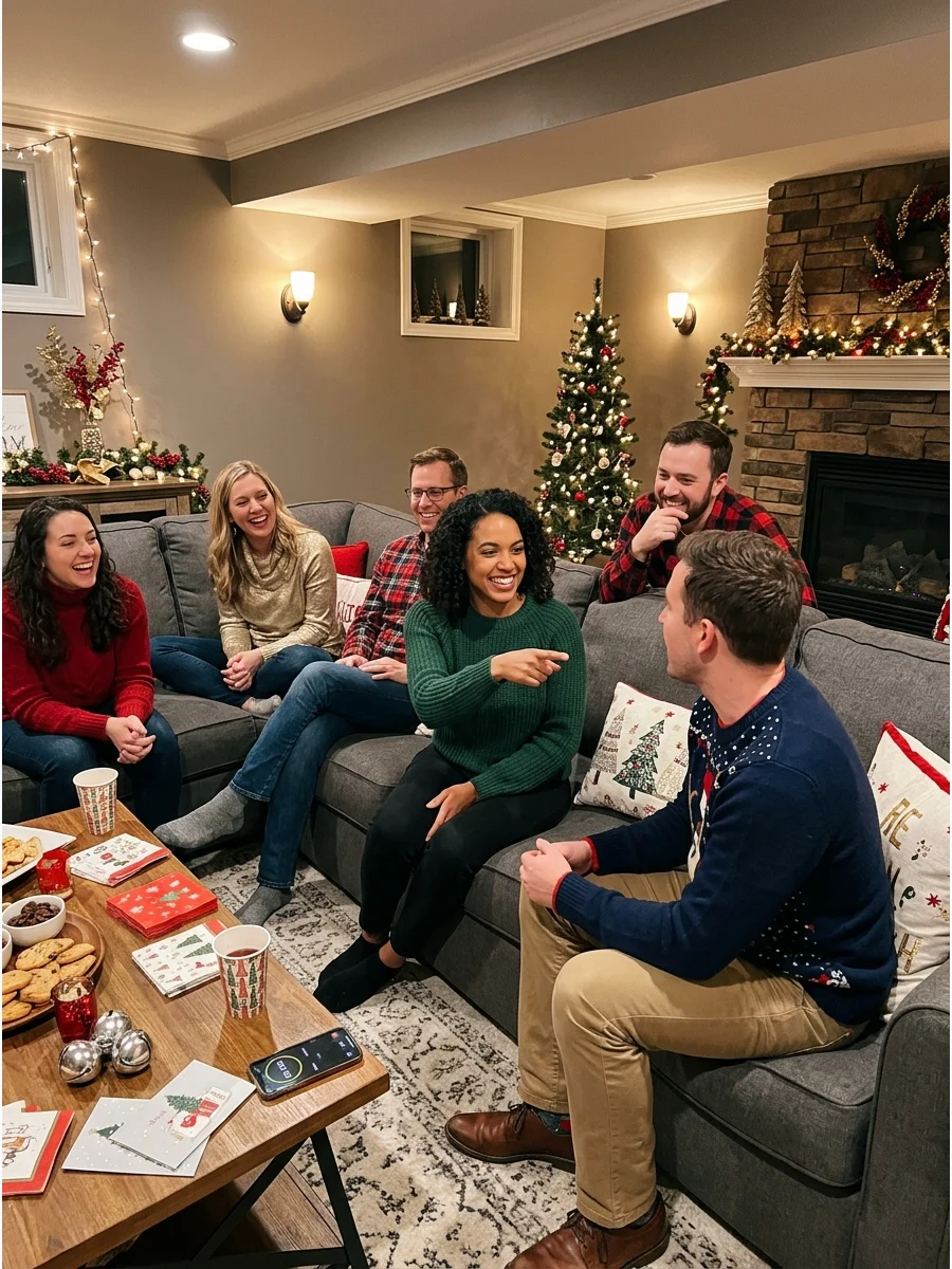 A group of friends playing a category game while sitting on a basement sofa.