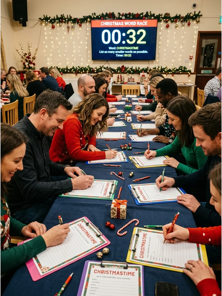 Guests participating in a word game at a community hall banquet table.
