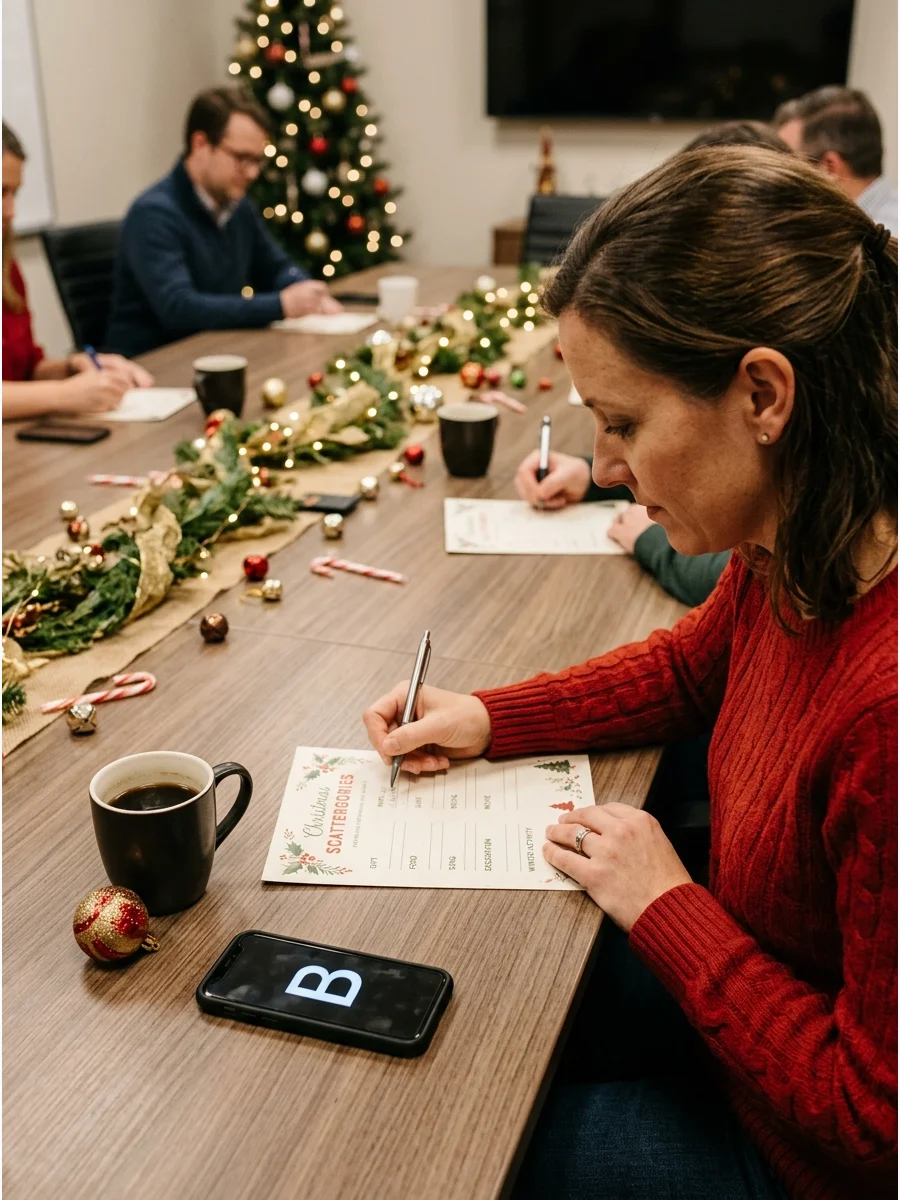 A printed Christmas Scattergories sheet on a table with a pen and festive decor.