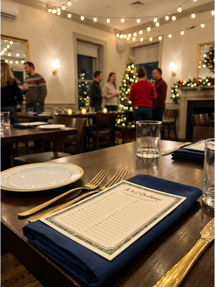 An alphabet challenge game sheet on a formal dinner table setting.