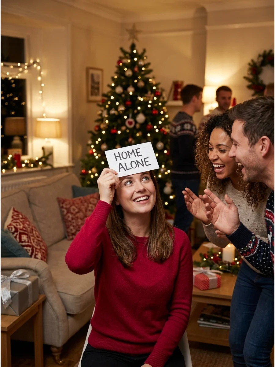 A woman playing a heads-up style game with friends in a decorated home.