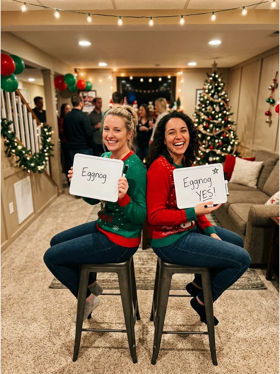 Two friends playing a matching game with whiteboards at a holiday party.