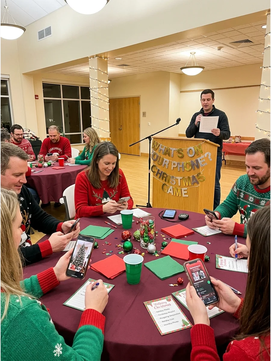 Party guests looking at their phones for a holiday scavenger hunt game.