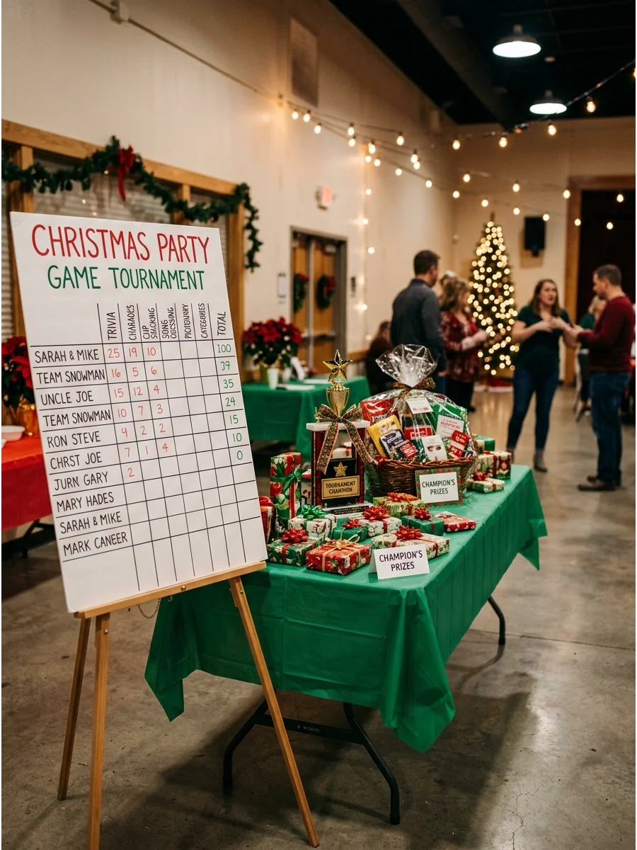 A large scoreboard for a Christmas game tournament in a community hall.