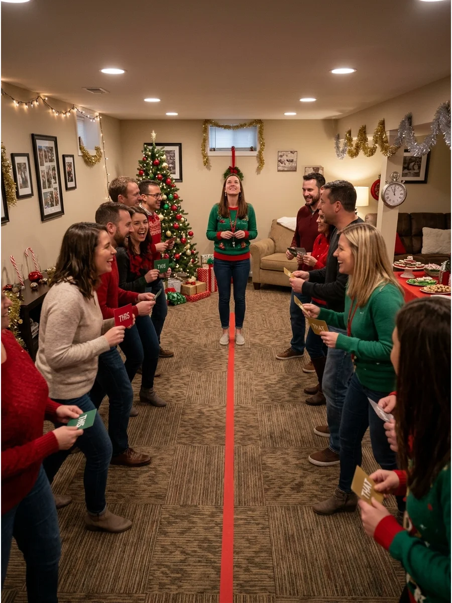 Guests divided into two groups for a holiday This or That game.