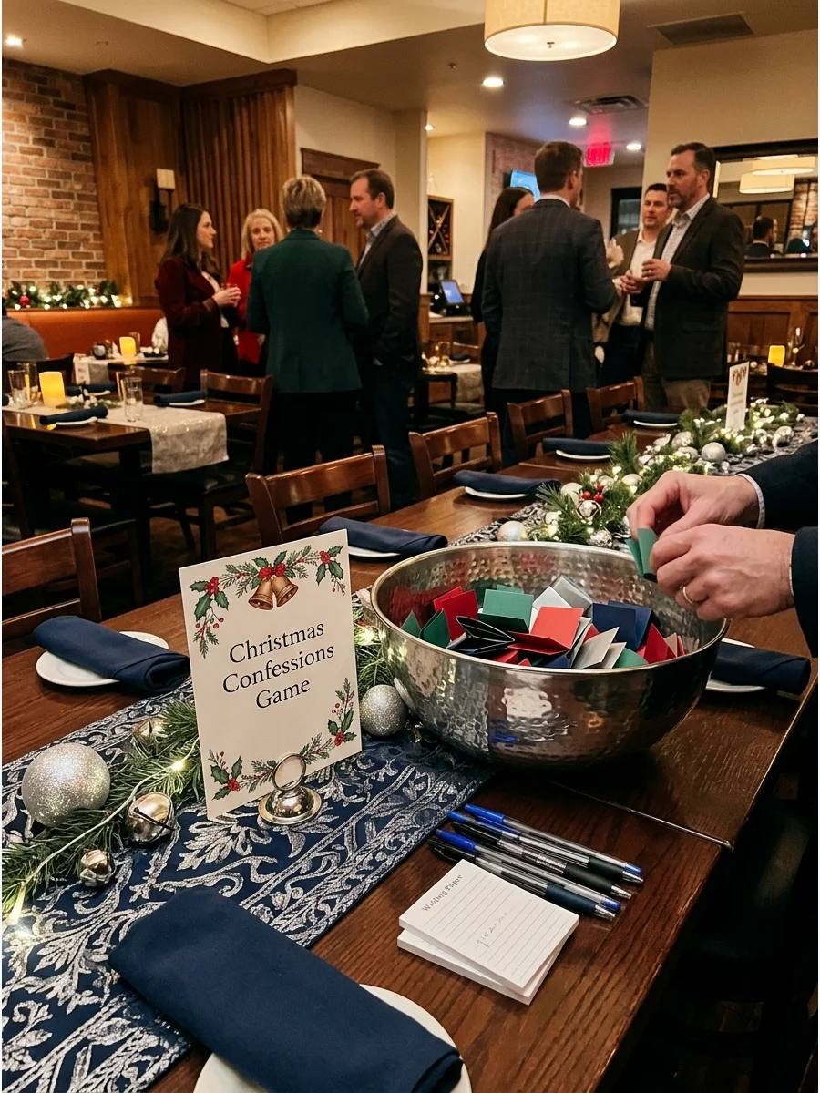 A silver bowl on a decorated table used for a holiday confession game.