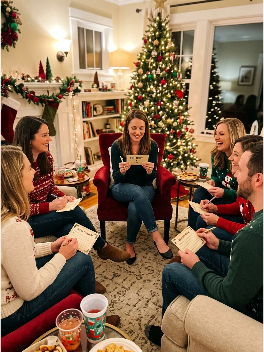 Host reading a holiday memory card to a group of friends.