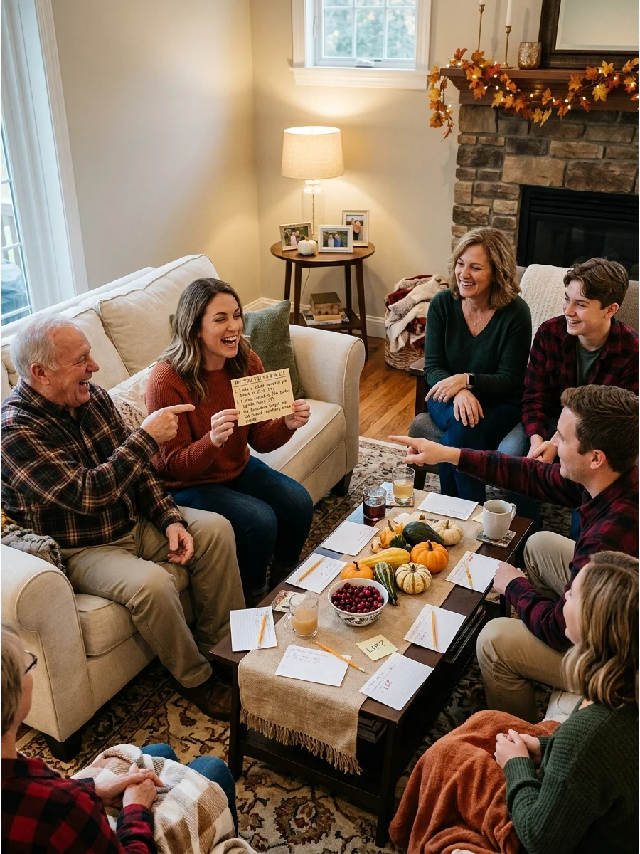Family members playing a guessing game in a living room with fall decor.