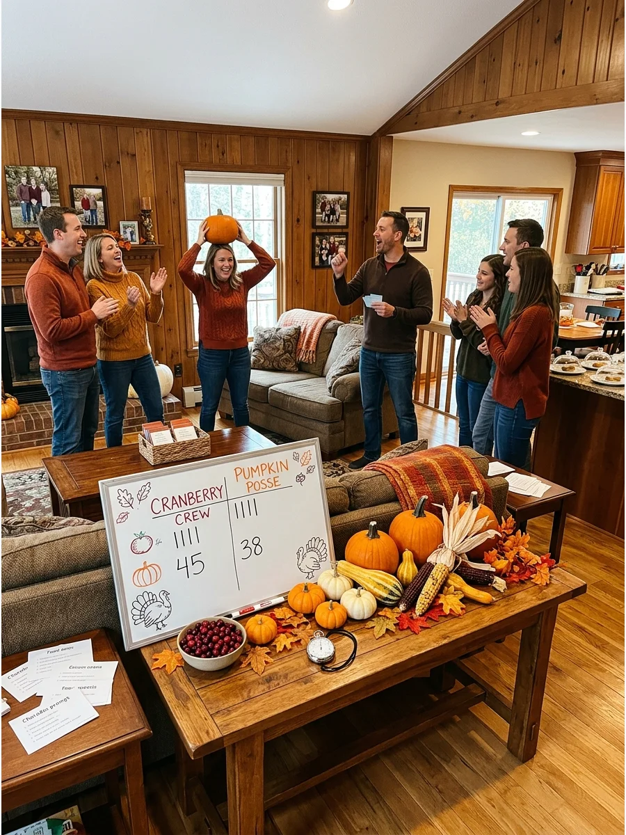 A family room set up for a game show with a score board and teams.
