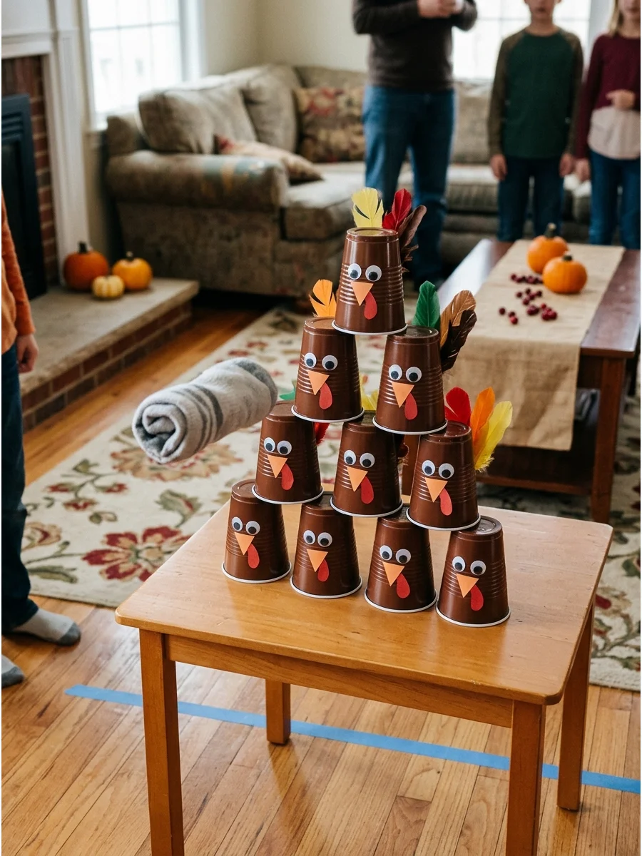 A stack of turkey-themed cups being hit by a rolled-up sock.