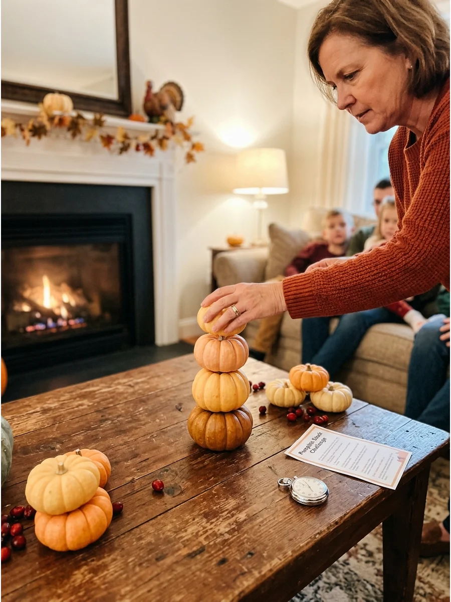 A person balancing mini pumpkins in a tall stack on a table.