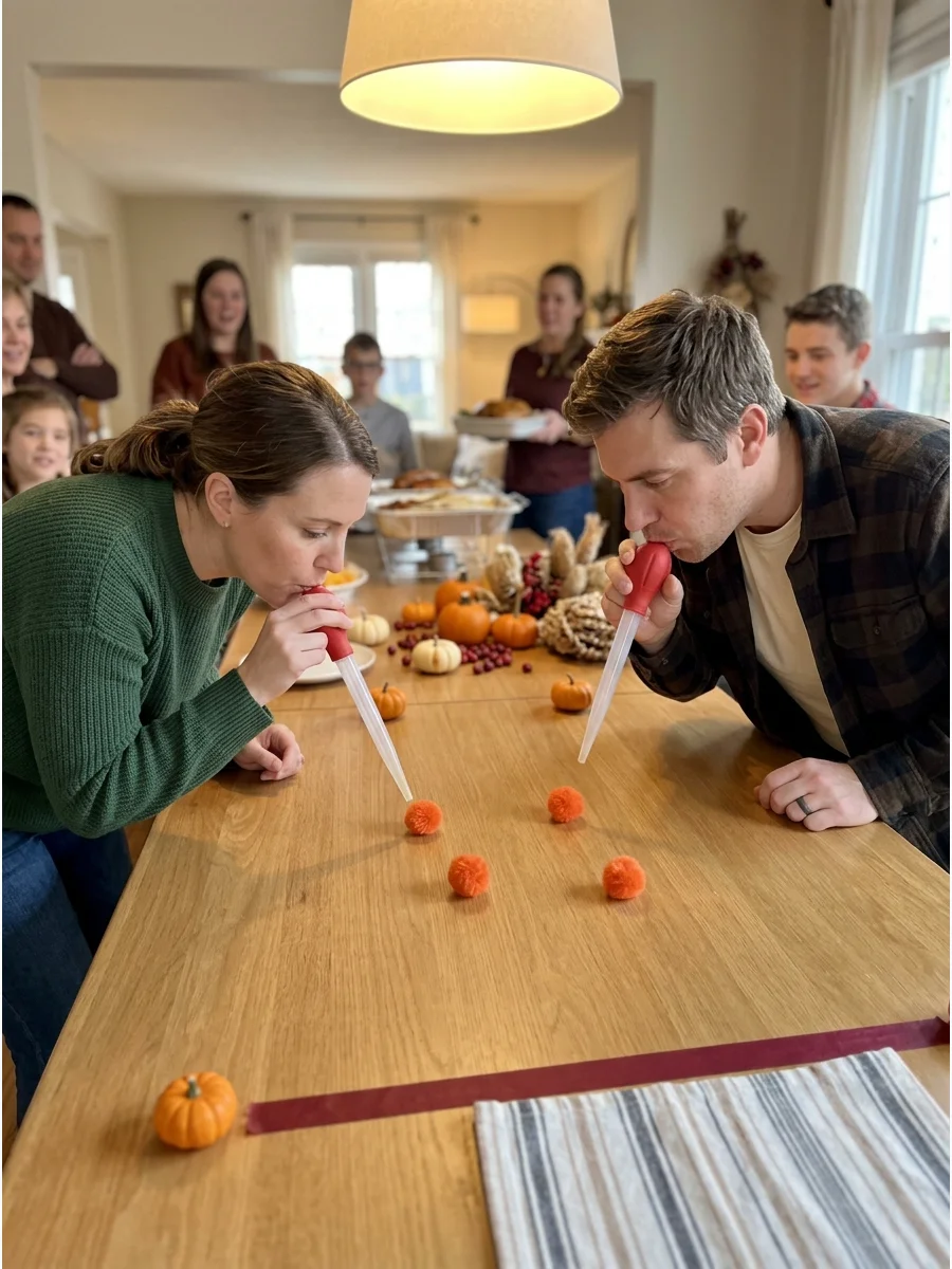 Two people using turkey basters to blow pom-poms across a table.