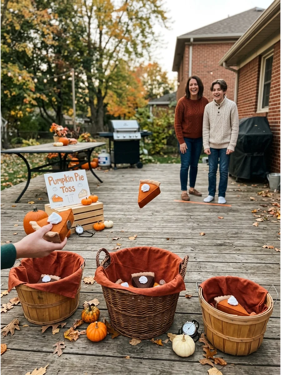 Felt pie slices being tossed into wicker baskets on a patio.
