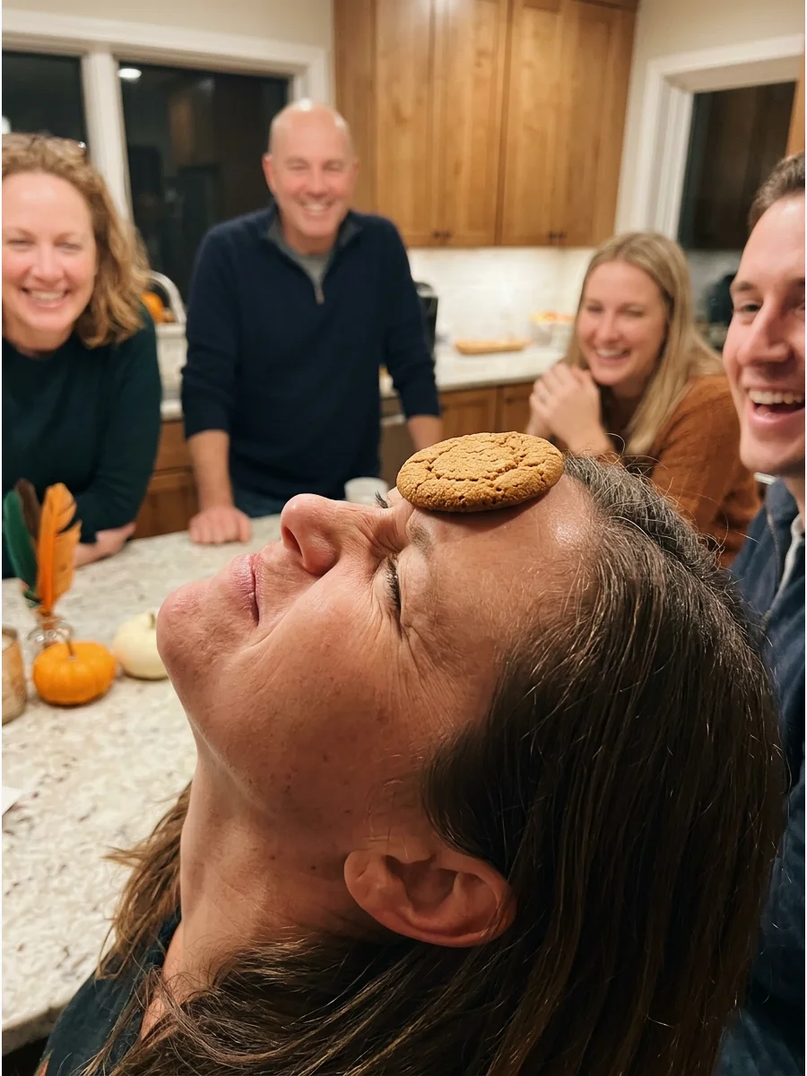 A person trying to move a cookie from their forehead to their mouth.