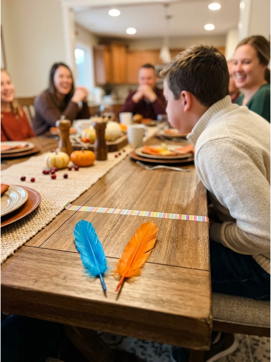 A craft feather being blown across a wooden table surface.