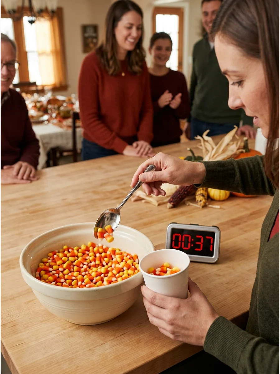 A of a guest scooping candy corn from a bowl into a cup on a kitchen island.