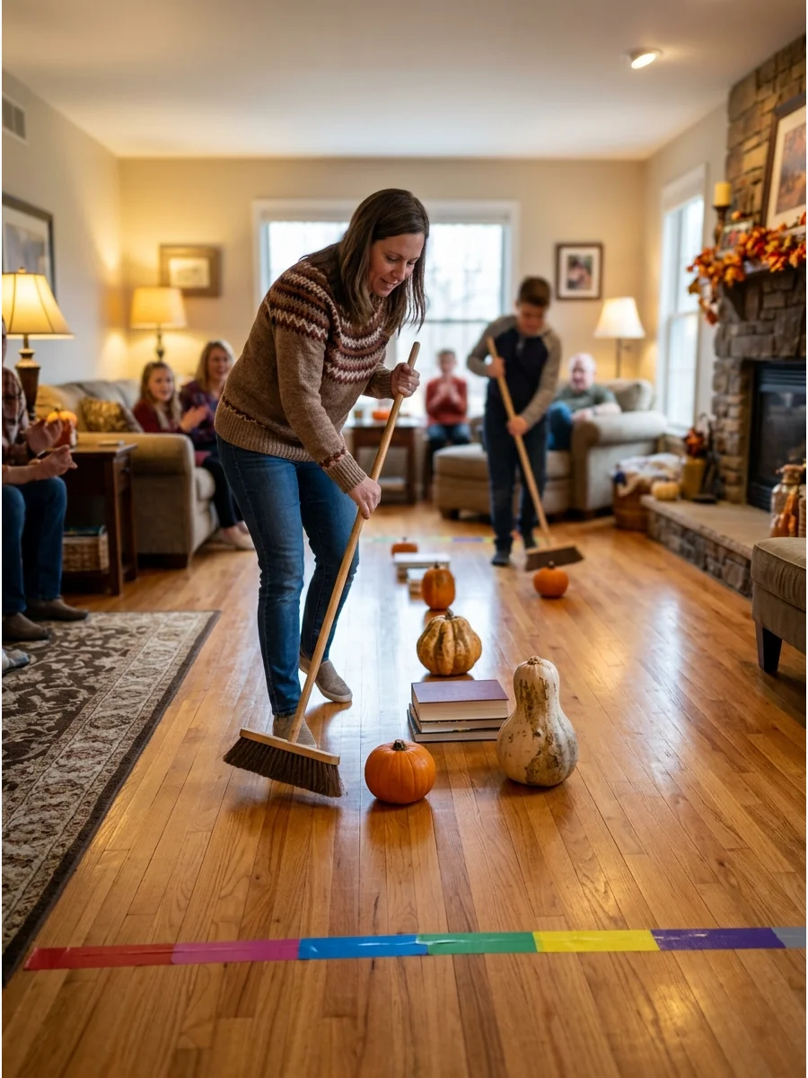 A guest sweeping a small pumpkin across a living room floor during a race.