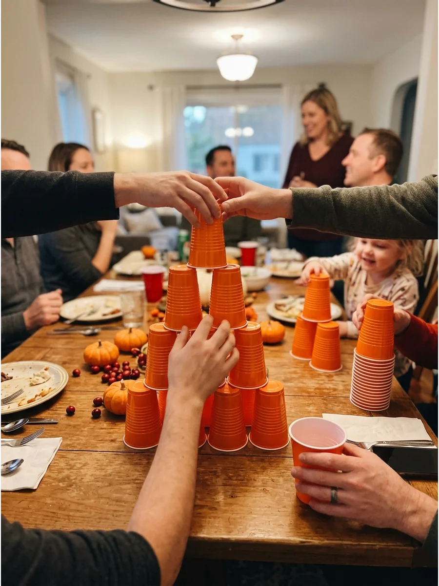 A pyramid of orange plastic cups stacked on a dining room table for a game.