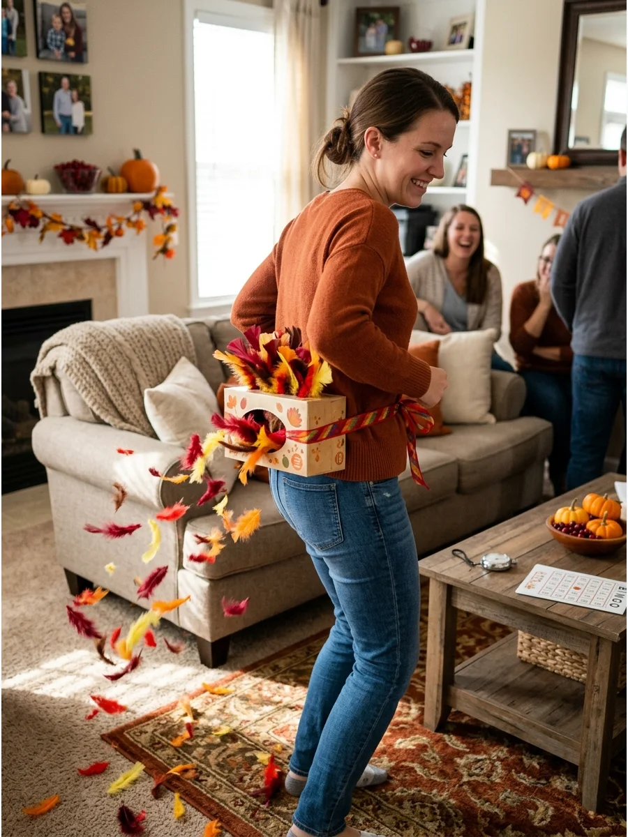 A person wearing a tissue box filled with feathers around their waist for a Thanksgiving game.