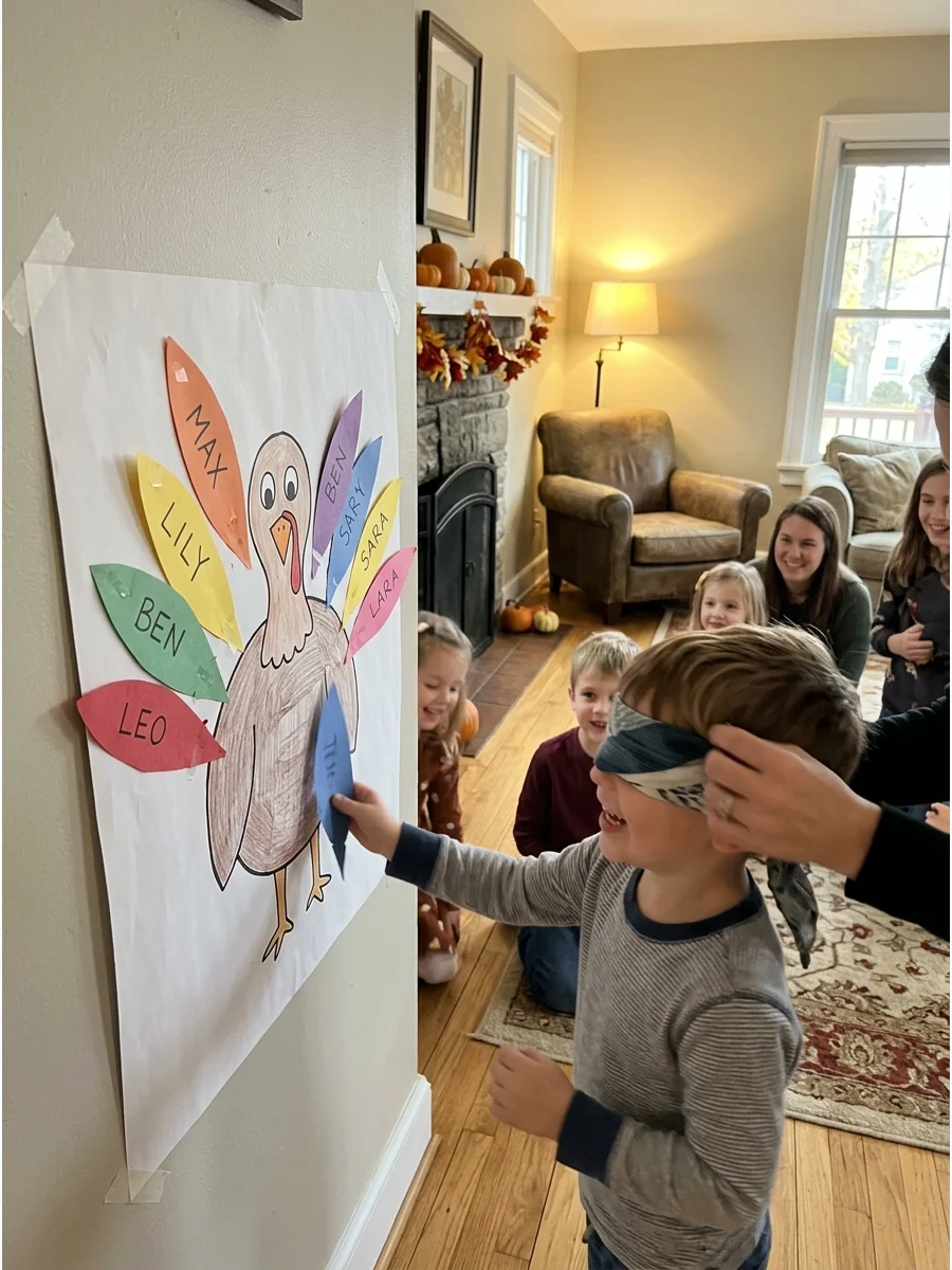A paper turkey on a wall with colorful paper feathers stuck to it for a kids' game.