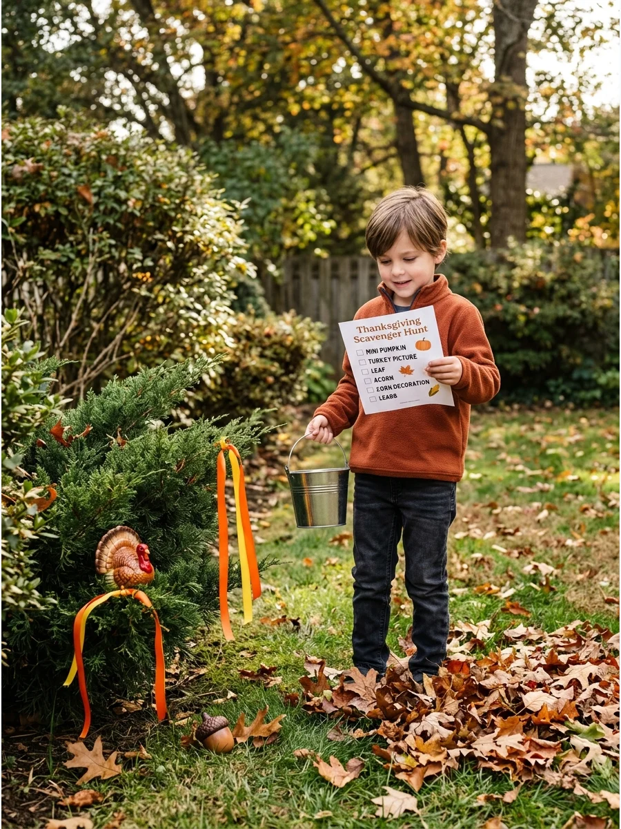 A child participating in a Thanksgiving scavenger hunt in a backyard.
