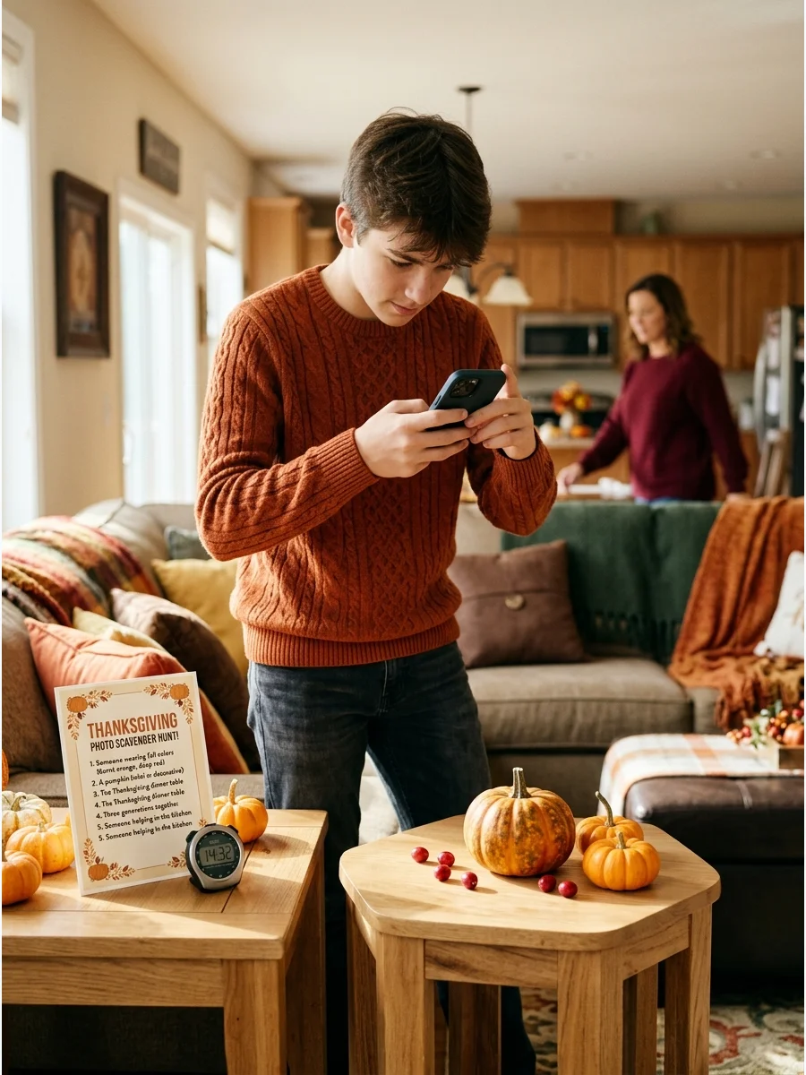 A teenager taking a photo of a pumpkin for a scavenger hunt game.