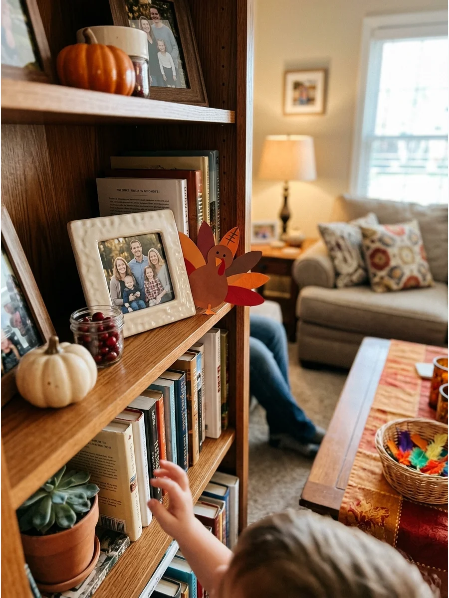 A small paper turkey hidden on a shelf for a turkey hunt game.
