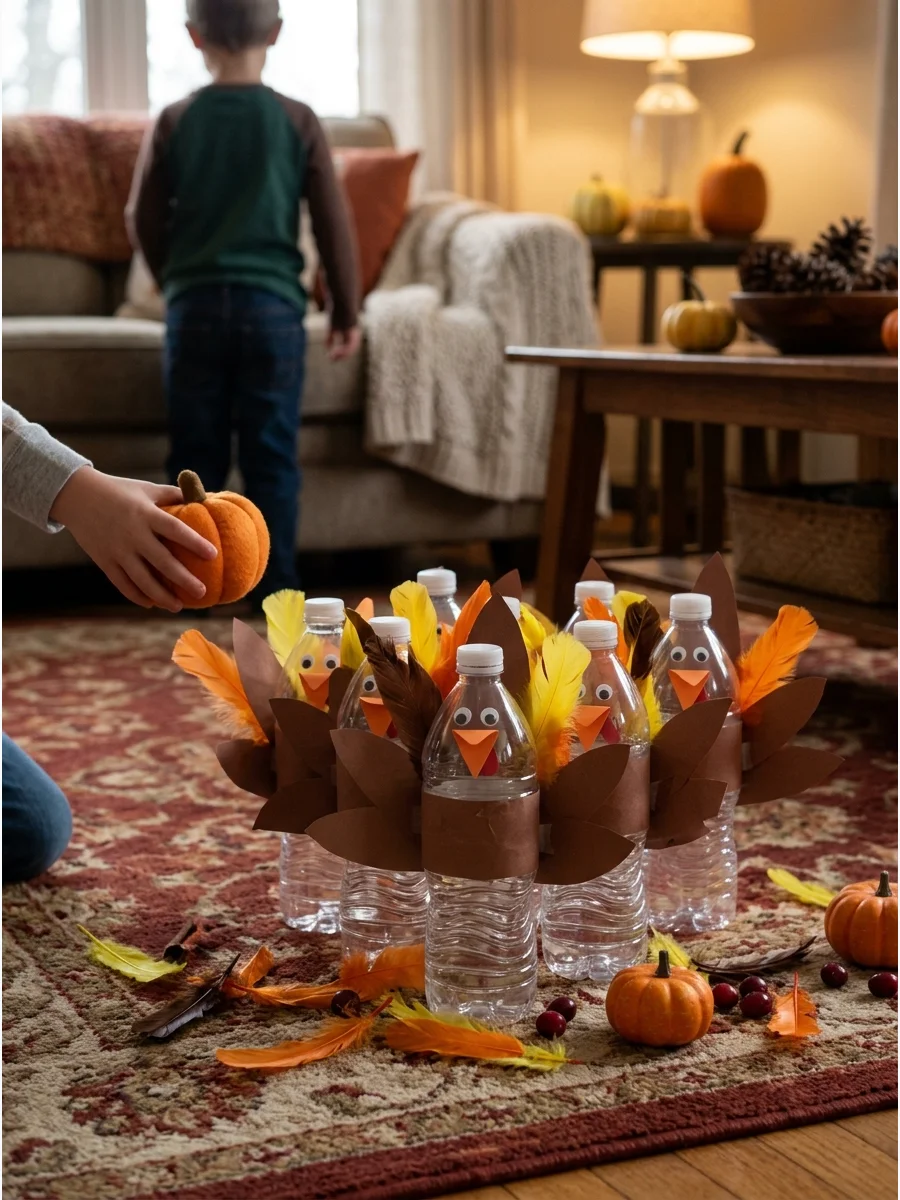 Plastic bottles decorated as turkeys set up like bowling pins on a rug.