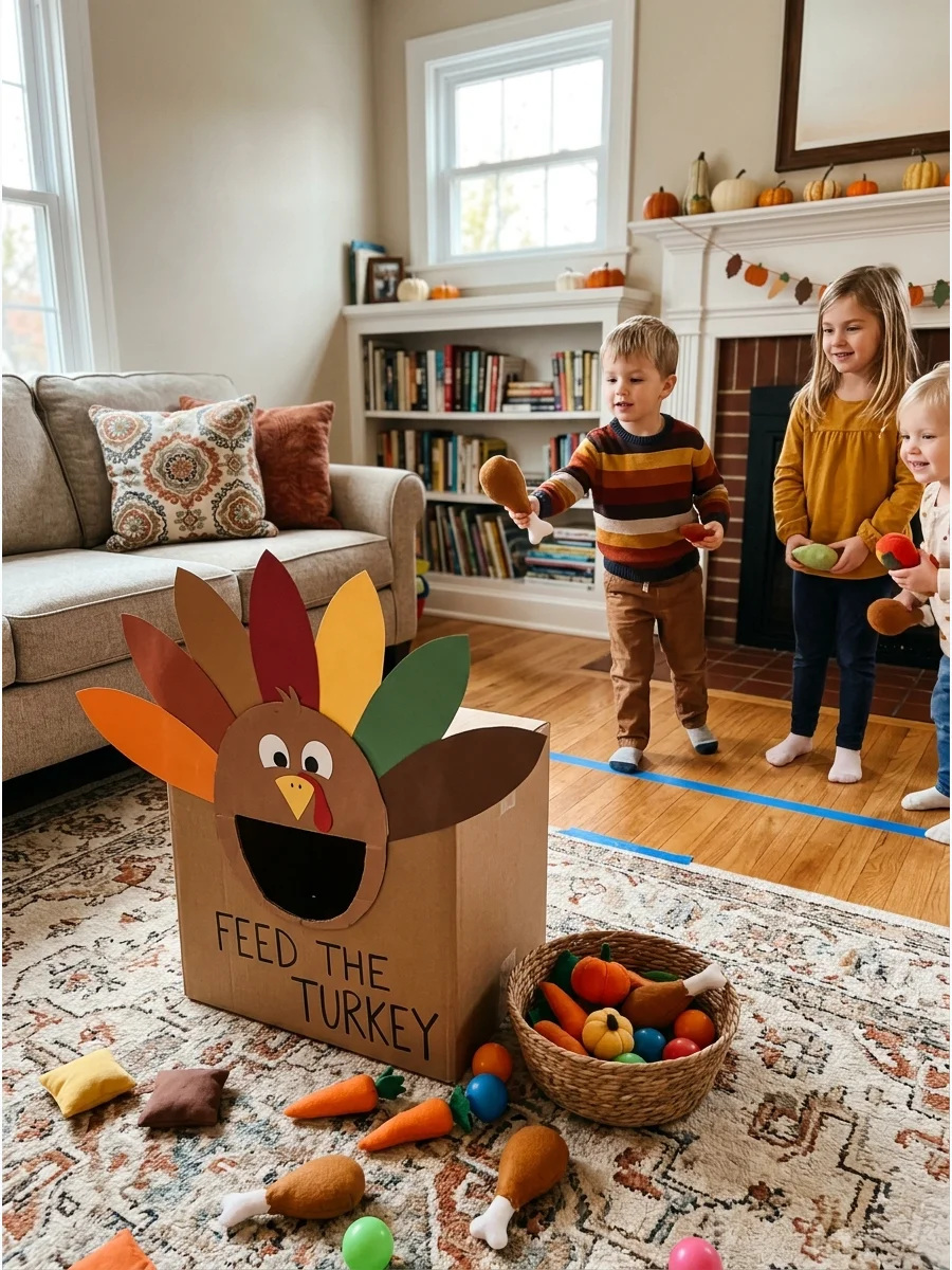 A turkey-themed toss game made from a cardboard box on a living room floor.