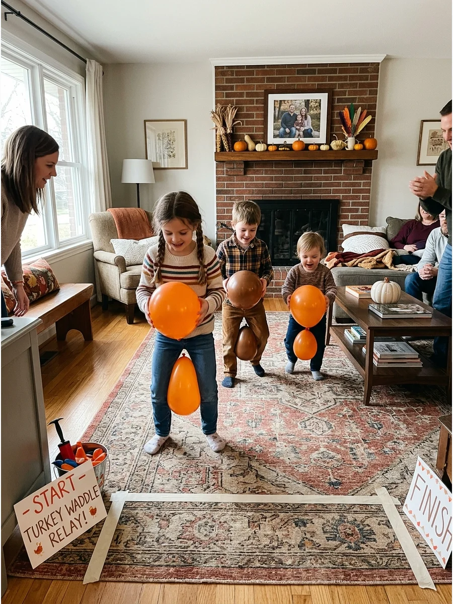 Kids playing a turkey waddle relay game with balloons in a living room.