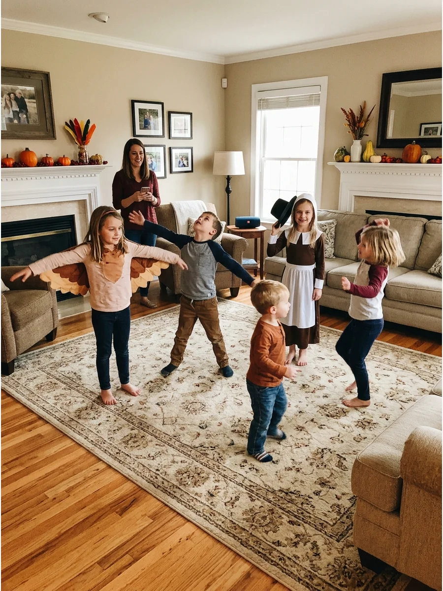 Children playing freeze dance in a cozy family room.