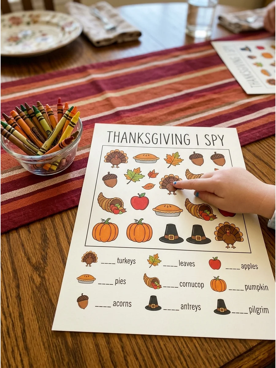 A Thanksgiving I Spy printable on a set dining table.