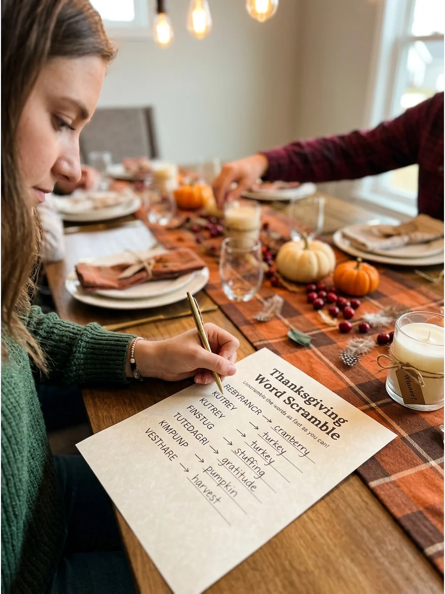 A person solving a Thanksgiving word scramble at a dinner table.