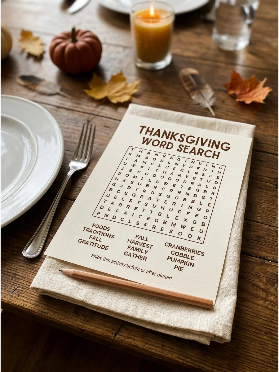 A word search game placed on a napkin as part of a Thanksgiving table setting.