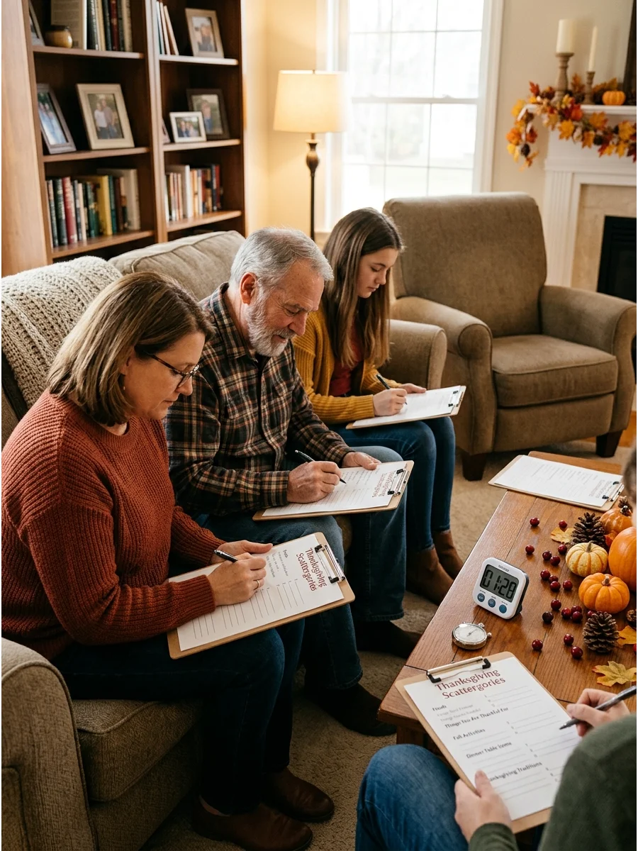 Family members playing a category game in a living room.