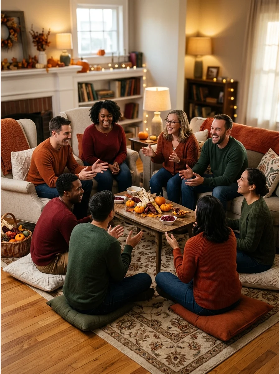A group of adults and children playing a verbal category game.