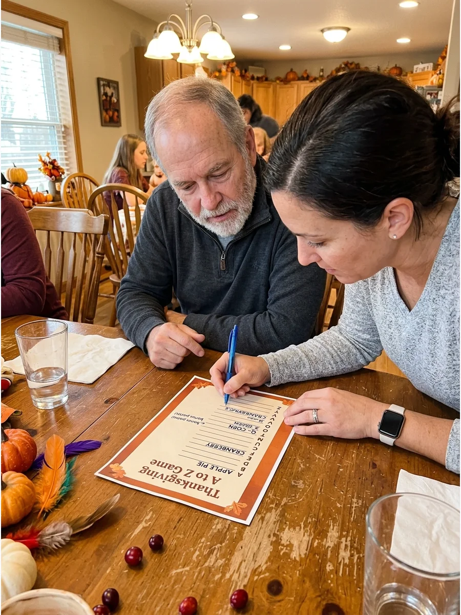 Two people collaborating on a Thanksgiving alphabet game.