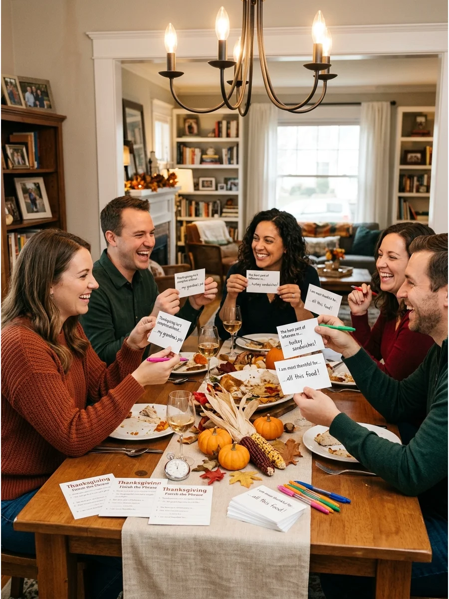Guests comparing answers during a phrase-completion game at dinner.